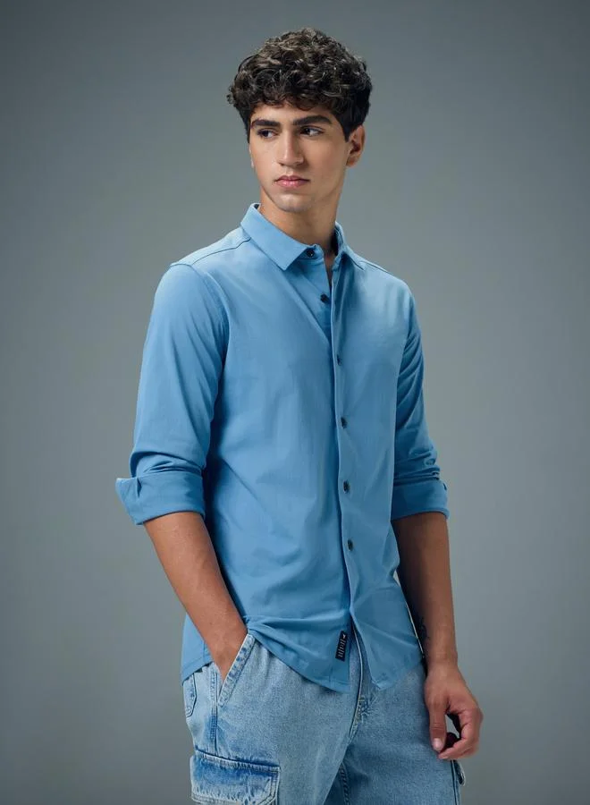 تكنوسبورت قميص كاجوال سادة بياقة مفرودة قصة ضيقة